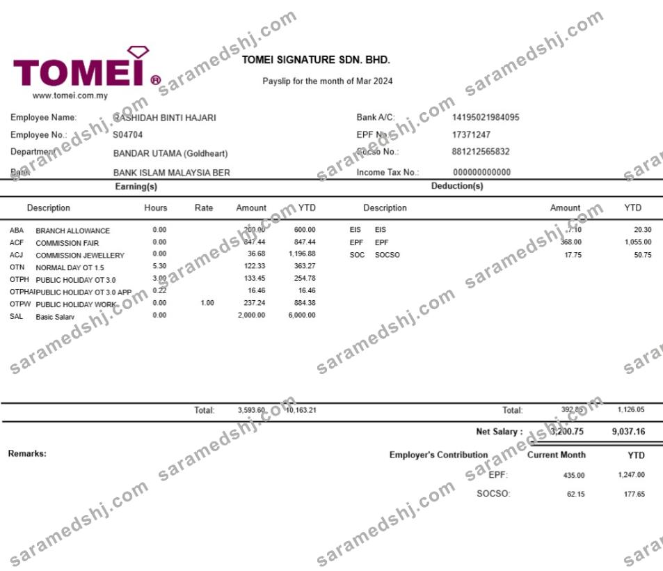 Tomei Signature jewellery payslip template in Word and PDF formats.pdf, 1